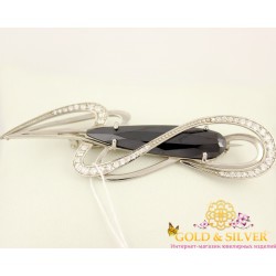 Серебряная женская брошь с черным камнем. 670073с